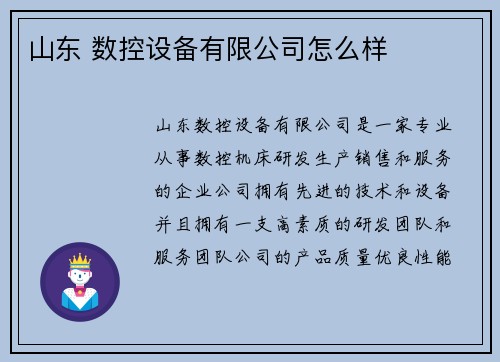 山东 数控设备有限公司怎么样